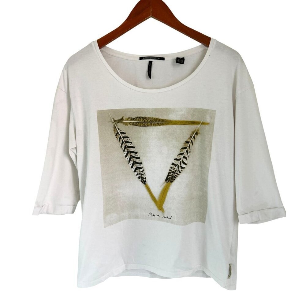 Maison Scotch Scoop-neck Tee 3/4 Sleeves Cotton Feather Design Size Med